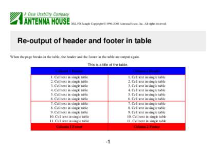 XSL FO Sample Copyright © [removed]Antenna House, Inc. All rights reserved.  Re-output of header and footer in table When the page breaks in the table, the header and the footer in the table are output again. This is a