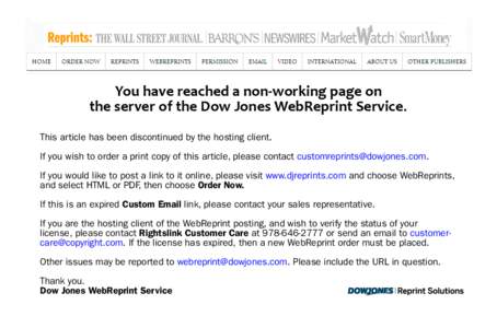 You have reached a non-working page on the server of the Dow Jones WebReprint Service. This article has been discontinued by the hosting client. If you wish to order a print copy of this article, please contact customrep
