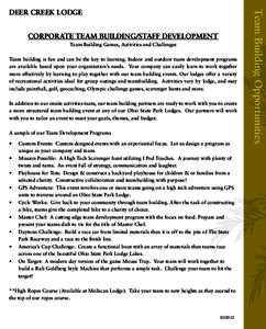 CORPORATE TEAM BUILDING/STAFF DEVELOPMENT Team Building Games, Activities and Challenges Team building is fun and can be the key to learning. Indoor and outdoor team development programs are available based upon your org