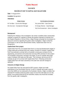 Public Record FILE NOTE RECORD OF VISIT TO CAPITAL EAST SOLAR FARM Date: 14 August 2014 Location: Bungendore Attendees: