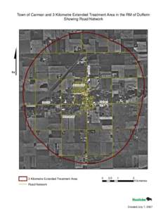 Town of Carman and 3 Kilometre Extended Treatment Area in the RM of Dufferin Showing Road Network HIghway 13  $