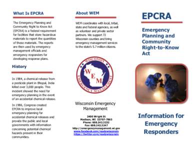 99th United States Congress / Emergency Planning and Community Right-to-Know Act / Occupational safety and health / Local Emergency Planning Committee / Right to know / Emergency management / Certified first responder / Dangerous goods / Computer-aided management of emergency operations / Safety / Health / Management