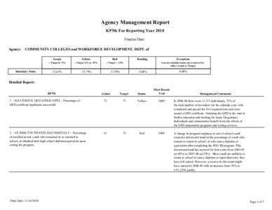 Agency Management Report KPMs For Reporting Year 2010 Finalize Date: Agency:  COMMUNITY COLLEGES and WORKFORCE DEVELOPMENT, DEPT. of