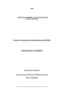 2003  LEGISLATIVE ASSEMBLY FOR THE AUSTRALIAN CAPITAL TERRITORY  Human Cloning and Embryo Research Bill 2003