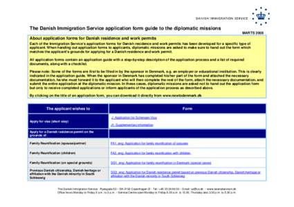 The Danish Immigration Service application form guide to the diplomatic missions MARTS 2008 About application forms for Danish residence and work permits Each of the Immigration Service’s application forms for Danish r