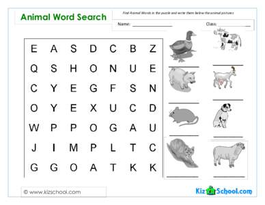 Animal Word Search  Find Animal Words in the puzzle and write them below the animal pictures Name: _________________