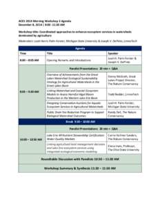 ACES 2014 Morning Workshop 3 Agenda December 8, 2014 | 8:00 -11:30 AM Workshop title: Coordinated approaches to enhance ecosystem services in watersheds dominated by agriculture Moderators: Leah Harris Palm-Forster, Mich