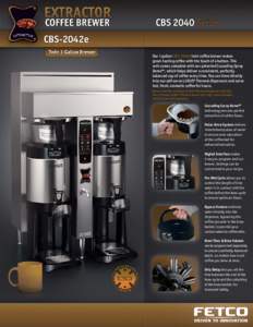 Our 1 gallon CBS-2042e twin coffee brewer makes great-tasting coffee with the touch of a button. This unit comes complete with our patented Cascading Spray Dome™, which helps deliver a consistent, perfectly balanced cu