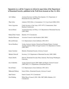Signatories to a call for Congress to reform its supervision of the Department of Homeland Security, published in the Wall Street Journal on May 21, 2014. Arif Alikhan  Assistant Secretary for Policy Development, U.S. De