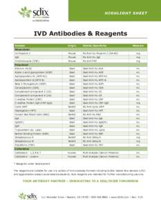 HIG HLIG HT SH EET  IVD Antibodies & Reagents Analyte  Origin