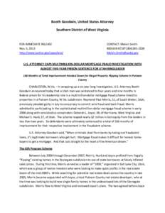 Booth Goodwin, United States Attorney Southern District of West Virginia FOR IMMEDIATE RELEASE Nov. 5, 2012 http://www.justice.gov/usao/wvs/