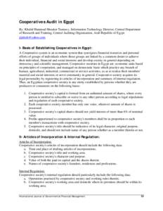 Cooperatives Audit in Egypt By: Khalid Hammad Shouker Tantawy, Information Technology Director, Central Department of Research and Training, Central Auditing Organization, Arab Republic of Egypt [removed]  I- Ba