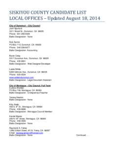 SISKIYOU COUNTY CANDIDATE LIST LOCAL OFFICES – Updated August 18, 2014 City of Dunsmuir – City Council Josh Spurlock 3211 Wood St., Dunsmuir, CA 96025