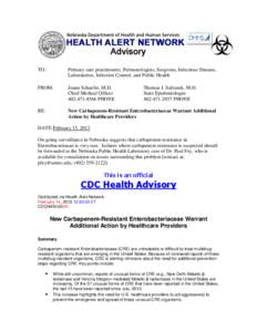 Carbapenem Resistant Enterobacteriaceae HAN advisory Feb 15, 2013