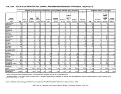 TABLE 4.9K. LABOUR FORCE BY OCCUPATION, ONTARIO LAKE SUPERIOR BASIN CENSUS SUBDIVISIONS, 1996 (Part 3 of 5) Sales and Service Occupations (Wholesale, Retail, Technical, Insurance, Real Estate Sales & Grain Buyers) 1 Cens