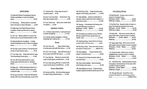 APPETIZERS 79. Steamed Chicken Dumplings (6 pieces) Chicken dumplings w/ sweet soy dipping sauce……………………………………..…….$Pla Koong Shrimp salad w/ cucumber, onion, lime juice in spicy 