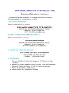 BHUBANESWAR INSTITUTE OF TECHNOLOGY (BIT) ENGINEERING/TECHNOLOGY PROGRAMMES 