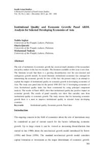 South Asian Studies A Research Journal of South Asian Studies Vol. 30, No.2, July – December 2015, ppInstitutional Quality and Economic Growth: Panel ARDL Analysis for Selected Developing Economies of Asia