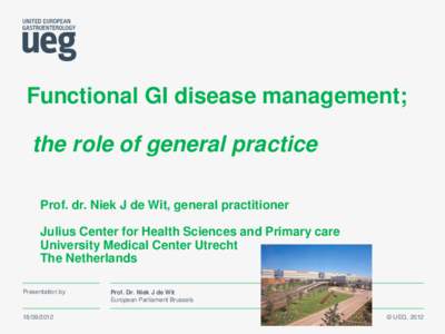 Functional GI disease management; the role of general practice Prof. dr. Niek J de Wit, general practitioner Julius Center for Health Sciences and Primary care University Medical Center Utrecht The Netherlands