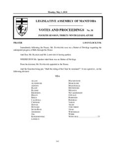 Monday, May 3, 2010  LEGISLATIVE ASSEMBLY OF MANITOBA __________________________  VOTES AND PROCEEDINGS