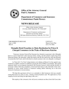 Office of the Attorney General Paul G. Summers Department of Commerce and Insurance Commissioner Paula Flowers  NEWS RELEASE