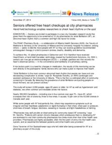 News Release November 27, 2014 Follow AHS_Media on Twitter  Seniors offered free heart checkups at city pharmacies