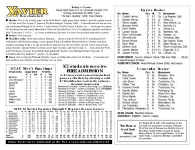 Today’s Game: Xavier Gold Rush[removed]vs. Concordia Hornets[removed]Monday, November 23, 2009, 7 p.m. The Barn (capacity 1,300), New Orleans  Men’s Basketball