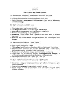 REVIEW Unit 3 – Light and Optical Systems 1.0 Explanations, Inventions & Investigations about Light and Vision Scientific experiments to explain how light and vision work Optical devices – telescopes and microscopes 