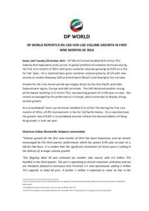 DP WORLD REPORTS 9.0% LIKE-FOR-LIKE VOLUME GROWTH IN FIRST NINE MONTHS OF 2014 Dubai, UAE Tuesday 28 October 2014 – DP World Limited handled 44.8 million TEU (twenty-foot equivalent units) across its global portfolio o