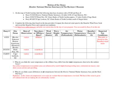 Motion of the Ocean Monitor National Marine Sanctuary & The Mariners’ Museum 1. On the map of North Carolina label the following data buoy locations with a STAR and Buoy #: • Buoy # 41025/Monitor National Marine Sanc