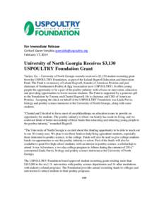 For Immediate Release Contact Gwen Venable,  February 17, 2014 University of North Georgia Receives $3,130 USPOULTRY Foundation Grant