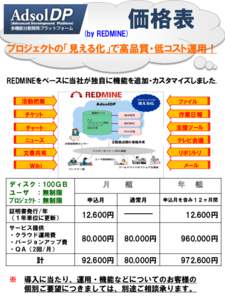 価格表  (by REDMINE) プロジェクトの「見える化」で高品質・低コスト運用！ REDMINEをベースに当社が独自に機能を追加・カスタマイズしました。