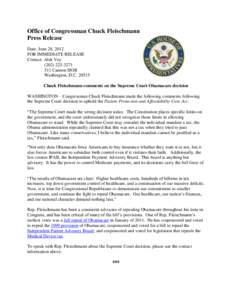 Office of Congressman Chuck Fleischmann Press Release Date: June 28, 2012 FOR IMMEDIATE RELEASE Contact: Alek Vey[removed]