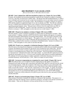 2001 PROPERTY TAX LEGISLATION Bills are effective July 22, 2001 unless otherwise stated HB[removed]Lake Cushman lots; shift from leasehold to property tax (Chapter 26, Laws of[removed]Presently, the residential and recreati