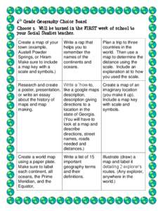 6th Grade Geography Choice Board Choose 3. Will be turned in the FIRST week of school to your Social Studies teacher. Create a map of your town (example, Austell Powder