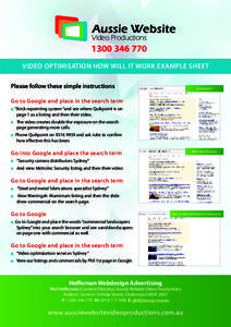 Aussie Website  Video ProductionsVIDEO OPTIMISATION HOW WILL IT WORK EXAMPLE SHEET