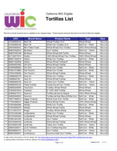 California WIC Eligible  Tortillas List This list is not all-inclusive and is updated on an ongoing basis. There may be products that are not on this list that are eligible. #