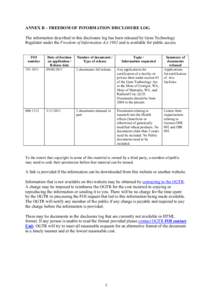 ANNEX B – FREEDOM OF INFORMATION DISCLOSURE LOG The information described in this disclosure log has been released by Gene Technology Regulator under the Freedom of Information Act 1982 and is available for public acce