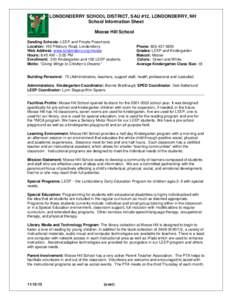 LONDONDERRY SCHOOL DISTRICT, SAU #12, LONDONDERRY, NH School Information Sheet Moose Hill School Sending Schools: LEEP and Private Preschools Location: 150 Pillsbury Road, Londonderry Web Address: www.londonderry.org/moo