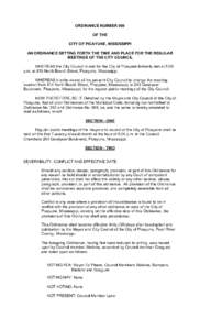 ORDINANCE NUMBER 908 OF THE CITY OF PICAYUNE, MISSISSIPPI AN ORDINANCE SETTING FORTH THE TIME AND PLACE FOR THE REGULAR MEETINGS OF THE CITY COUNCIL WHEREAS the City Council in and for the City of Picayune formerly met a