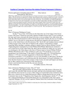 Southern Campaign American Revolution Pension Statements & Rosters Pension application of Jonathan Jackson W15 Transcribed by Will Graves Mary Jackson