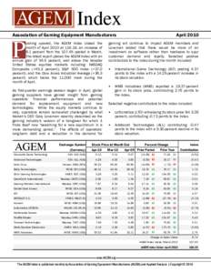 Index Association of Gaming Equipment Manufacturers ushing upward, the AGEM Index closed the month of April 2010 at[removed], an increase of 8.1 percent from the[removed]posted in March. The latest report places the AGEM In