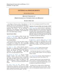 Herpetological Conservation and Biology 11(1):i Published: 30 AprilEDITORIALS AND ANNOUNCEMENTS NON-PEER REVIEW SECTION