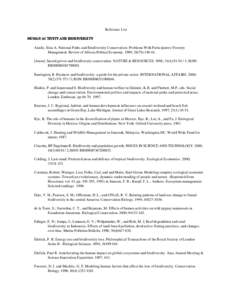 Reference List HUMAN ACTIVITY AND BIODIVERSITY 1. Alashi, Silas A. National Parks and Biodiversity Conservation: Problems With Participatory Forestry Management. Review of African Political Economy. 1999; 26(79):140-44. 