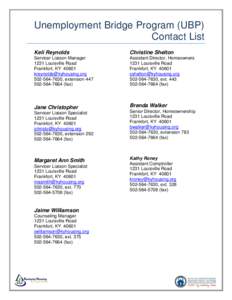 Unemployment Bridge Program (UBP) Contact List Keli Reynolds Christine Shelton