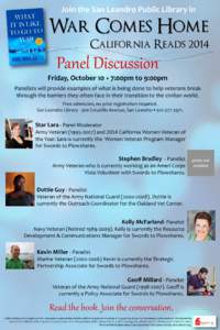 Join the San Leandro Public Library in  California Reads 2014 Panel Discussion Friday, October 10 • 7:00pm to 9:00pm
