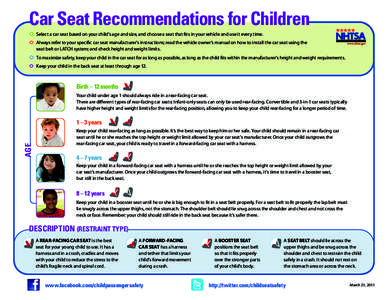 Car Seat Recommendations for Children 	 Select a car seat based on your child’s age and size, and choose a seat that fits in your vehicle and use it every time. 	 Always refer to your specific car seat manufacturer’s
