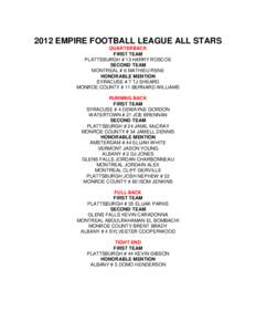 2012 EMPIRE FOOTBALL LEAGUE ALL STARS QUARTERBACK FIRST TEAM PLATTSBURGH # 13 HARRY ROSCOE SECOND TEAM MONTREAL # 6 MATHIEU RENE