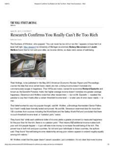 [removed]Research Confirms You Really Can’t Be Too Rich - Real Time Economics - WSJ April 29, 2013, 2:16 PM ET