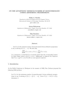 ON THE ASYMPTOTIC MINIMUM NUMBER OF MONOCHROMATIC 3-TERM ARITHMETIC PROGRESSIONS Pablo A. Parrilo Department of Electrical Engineering and Computer Science, Massachusetts Institute of Technology, Cambridge, MA 02139